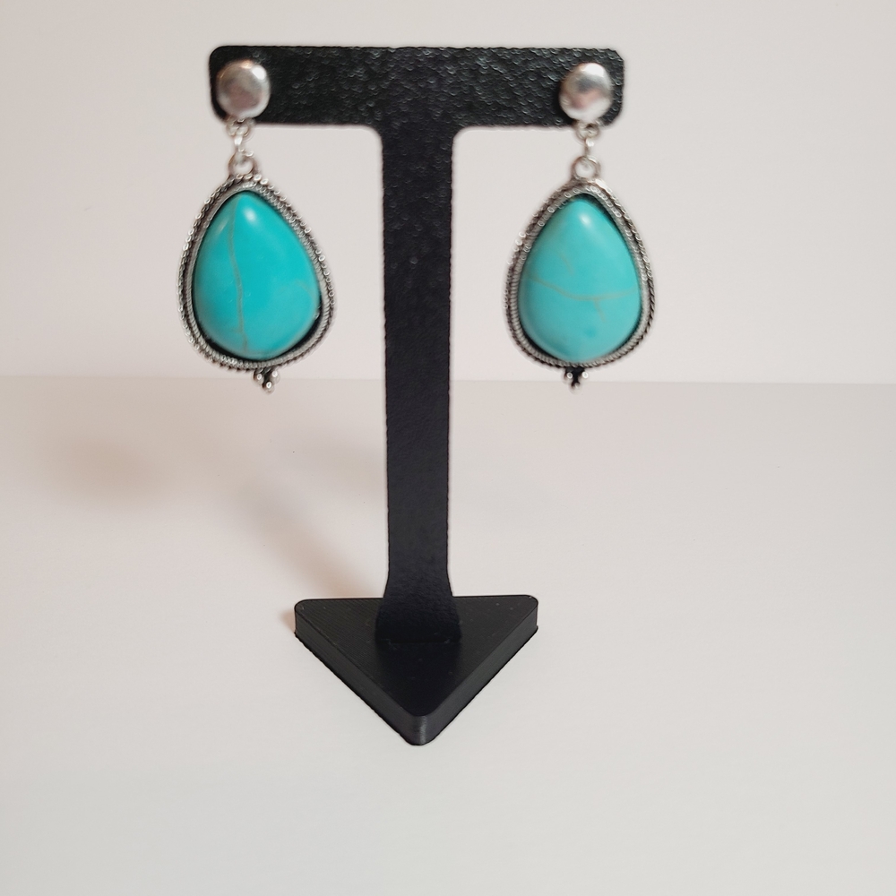 Turquoise Teardrop Silver Tone Earrings - Picture 2 of 7